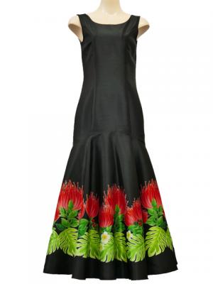 Hula Long Dress with Lehua Print / Luxury Collection / Black / J2555bk