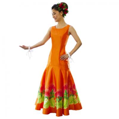 Hula Long Dress with Lehua Print / Luxury Collection / Orange / J2555or