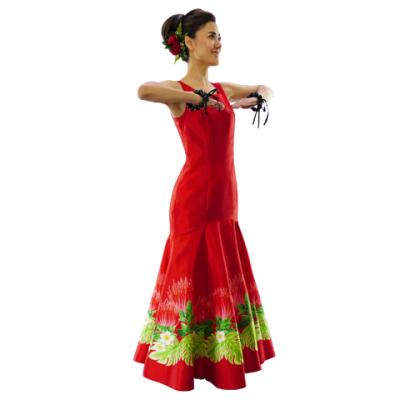 Hula Long Dress with Lehua Print / Luxury Collection / Red / J2555rd