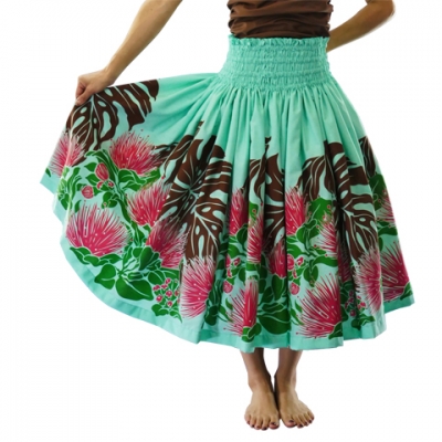 Hula Pa'u Skirt with Lehua Print / Sea Green /J2578