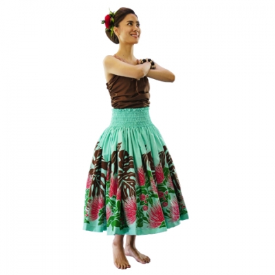 Hula Pa'u Skirt with Lehua Print / Sea Green /J2578