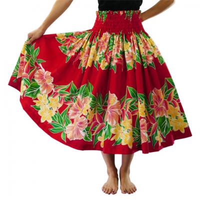 Hula Pa'u Skirt with Hibiscus & Plumeria Print / Red/ J2584