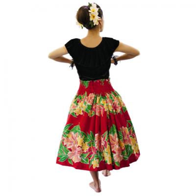 Hula Pa'u Skirt with Hibiscus & Plumeria Print / Red/ J2584