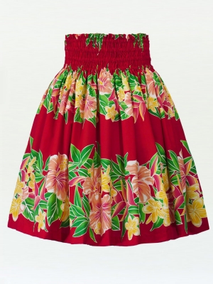 Hula Pa'u Skirt with Hibiscus & Plumeria Print / Red/ J2584