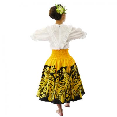 Hula Pa'u Skirt with Plumeria & Monstera Print / Yellow & Black / J2588