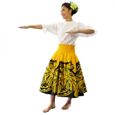 Hula Pa'u Skirt with Plumeria & Monstera Print / Yellow & Black / J2588
