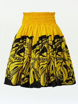 Hula Pa'u Skirt with Plumeria & Monstera Print / Yellow & Black / J2588