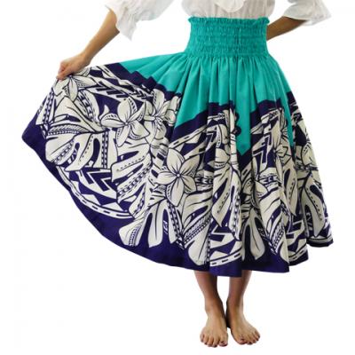 Hula Pa'u Skirt with Plumeria & Monstera Print / Aqua & Navy / J2596