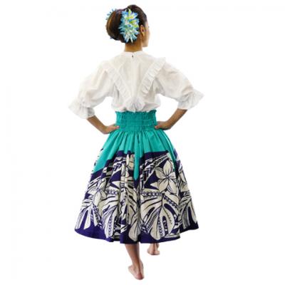 Hula Pa'u Skirt with Plumeria & Monstera Print / Aqua & Navy / J2596