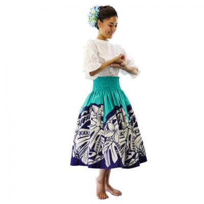 Hula Pa'u Skirt with Plumeria & Monstera Print / Aqua & Navy / J2596