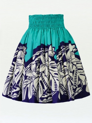 Hula Pa'u Skirt with Plumeria & Monstera Print / Aqua & Navy / J2596
