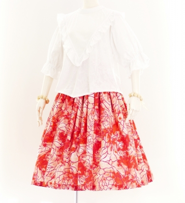 3-PIECE SET / Hula Pa'u Skirt / Rose Print / Red / J2611-3