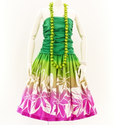 Hula Pa'u Skirt with Tiare Print / Green & Pink / G2623