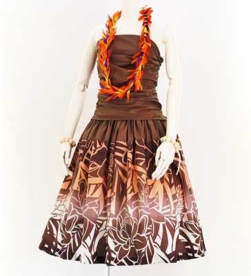 Hula Pa'u Skirt with Protea & Torch Ginger Print / Brown / G2626
