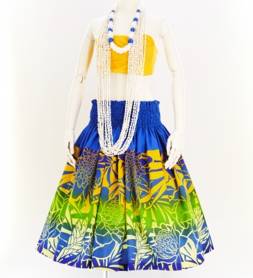 Hula Pa'u Skirt with Protea & Torch Ginger Print / Blue & Yellow / G2627