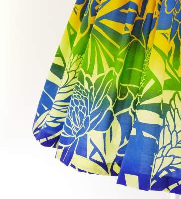 Hula Pa'u Skirt with Protea & Torch Ginger Print / Blue & Yellow / G2627
