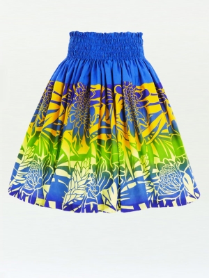Hula Pa'u Skirt with Protea & Torch Ginger Print / Blue & Yellow / G2627