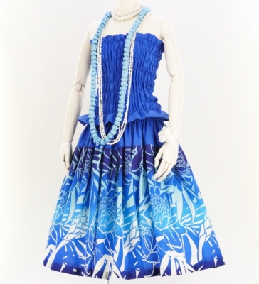 Hula Pa'u Skirt with Protea & Torch Ginger Print / Blue / G2628
