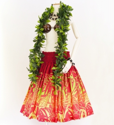 Hula Pa'u Skirt with Protea & Torch Ginger Print / Red / G2629