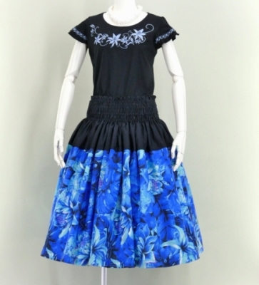 Hula Pa'u Skirt with Botanical Print / Blue / G2634