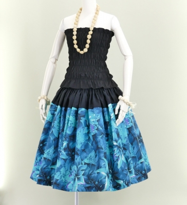 Hula Pa'u Skirt with Botanical Print / Teal / G2637