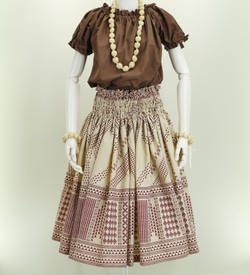 Hula Pa'u Skirt with Kahiko Print / Beige & Wine / G2645