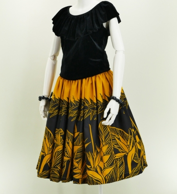 Hula Pa'u Skirt with Bird of Paradise Print / Mustard Yellow & Black / J2649