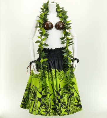 Hula Pa'u Skirt with Bird of Paradise Print / Black & Yellow Green / J2653