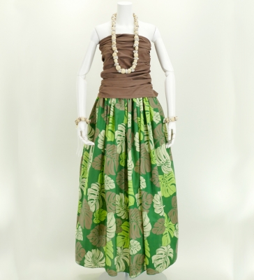 Hula Long Pa'u Skirt / Monstera Print / Green / J2667