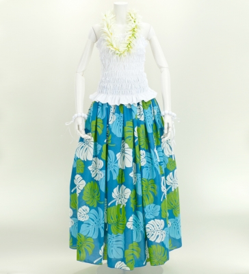 Hula Long Pa'u Skirt / Monstera Print / Blue / J2668