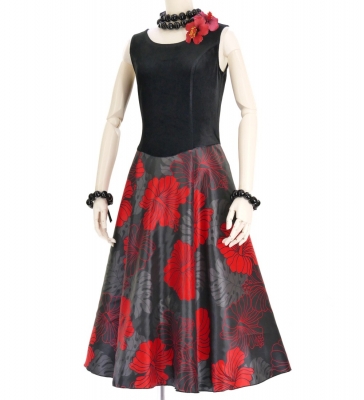 Hula Midi Dress with Hibiscus Print / Luxury Collection / Black / J2672bk