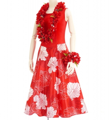 Hula Midi Dress with Hibiscus Print / Luxury Collection / Red / J2672rd