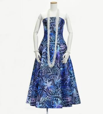 Hula Long Dress with Heliconia Print / Luxury Collection / Blue / J2679bl