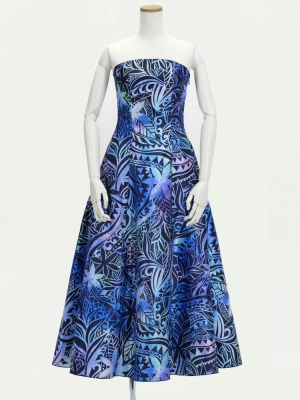 Hula Long Dress with Heliconia Print / Luxury Collection / Blue / J2679bl