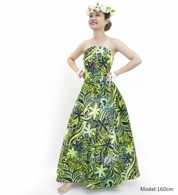 Hula Long Dress with Heliconia Print / Luxury Collection / Yellow Green / J2679ye
