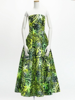 Hula Long Dress with Heliconia Print / Luxury Collection / Yellow Green / J2679ye