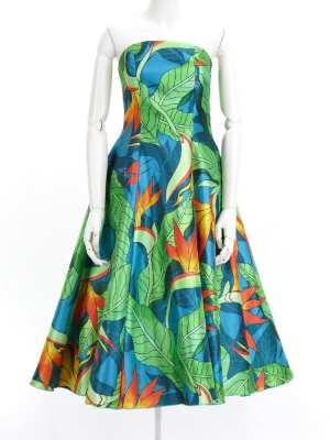 Hula Midi Dress with Strelitzia Print / Luxury Collection / Turquoise Blue / J2680tbl
