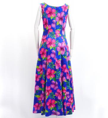 Hula Long Hibiscus Dress with Velvet / Luxury Collection / Blue / J2681bl