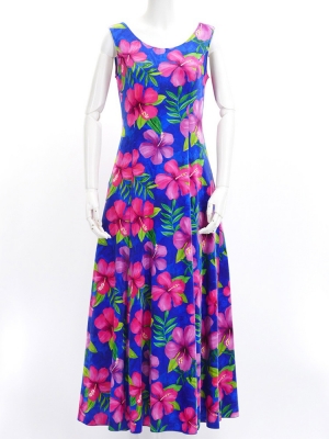 Hula Long Hibiscus Dress with Velvet / Luxury Collection / Blue / J2681bl
