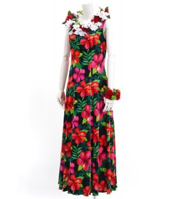 Hula Long Hibiscus Dress with Velvet / Luxury Collection / Green / J2681gr