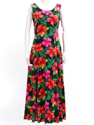Hula Long Hibiscus Dress with Velvet / Luxury Collection / Green / J2681gr