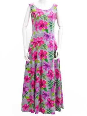 Hula Long Hibiscus Dress with Velvet / Luxury Collection / Gray / J2681gy