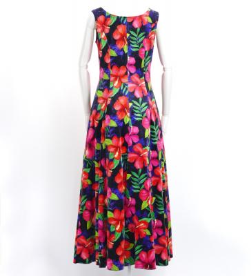 Hula Long Hibiscus Dress with Velvet / Luxury Collection / Navy / J2681nv