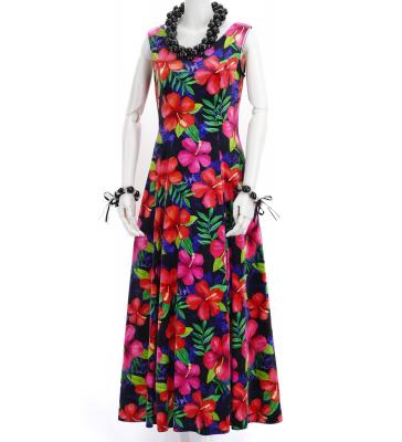 Hula Long Hibiscus Dress with Velvet / Luxury Collection / Navy / J2681nv