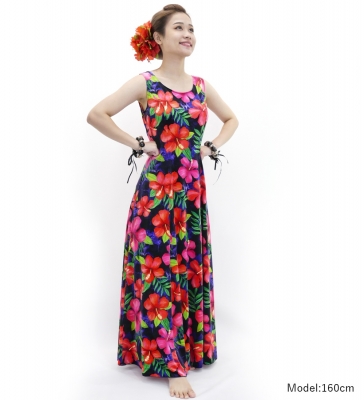 Hula Long Hibiscus Dress with Velvet / Luxury Collection / Navy / J2681nv