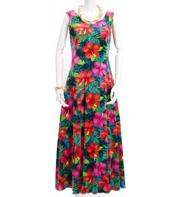 Hula Long Hibiscus Dress with Velvet / Luxury Collection / Turquoise Blue / J2681tbl