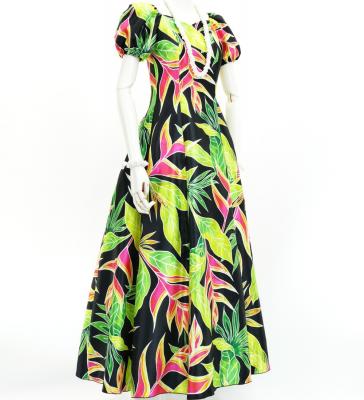 Hula Long Dress with Heliconia Print / Luxury Collection / Black / J2687bk