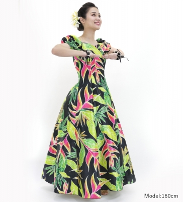 Hula Long Dress with Heliconia Print / Luxury Collection / Black / J2687bk