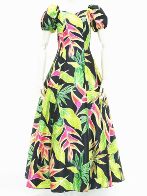 Hula Long Dress with Heliconia Print / Luxury Collection / Black / J2687bk