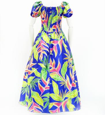 Hula Long Dress with Heliconia Print / Luxury Collection / Blue / J2687bl